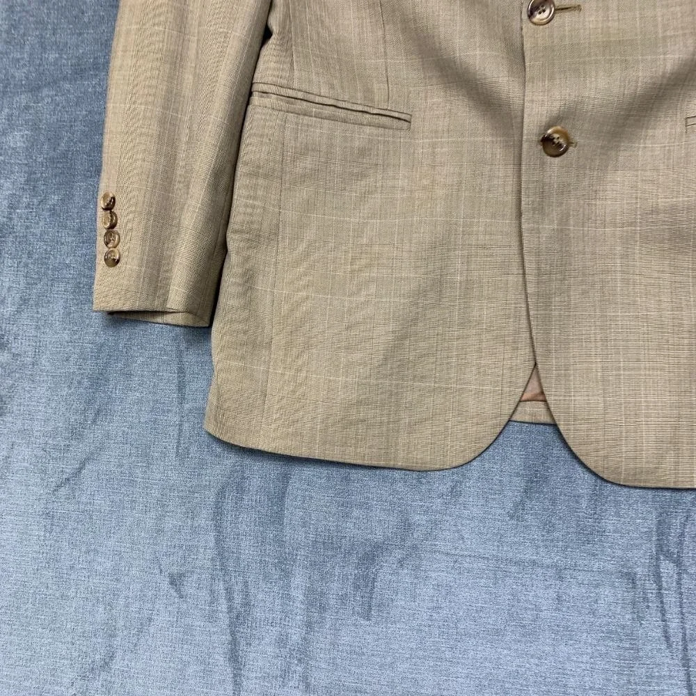 Jos. A. Bank Blazer Jacket Mens 39 Khaki Plaid Lined Wool Party Wear Notch Lapel
